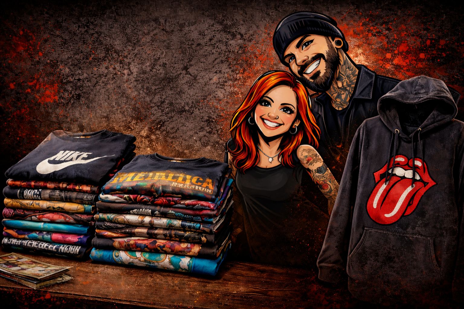 The JnC’s Closet husband and wife duo, illustrated with stacks of graphic tees and a black hoodie.